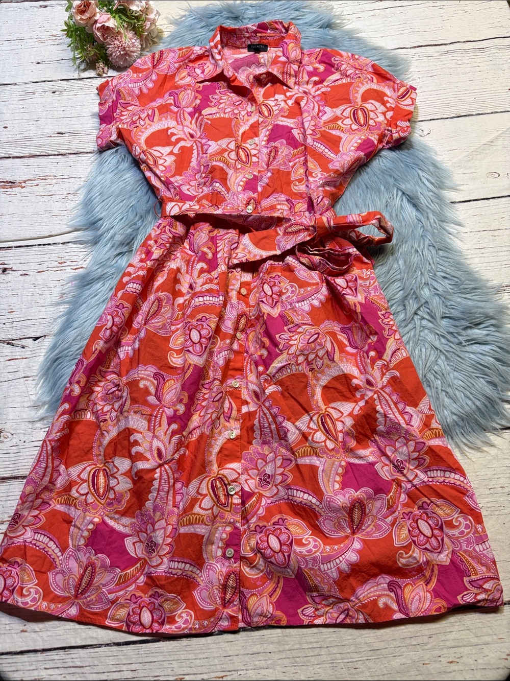 Talbots Pink & Orange Floral Shirtwaist Paisley Button Down Dress sz 2P